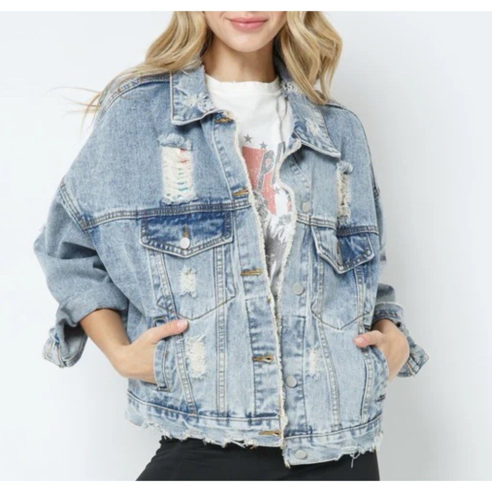 Blue B‎ Denim Jean Jacket Women's Sz Sm Western Light Distressed Country Cotton